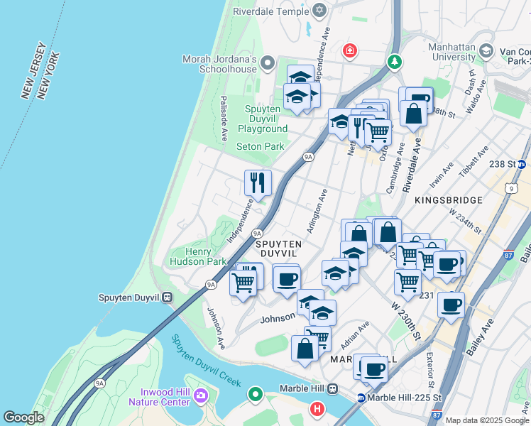 map of restaurants, bars, coffee shops, grocery stores, and more near 711 West 230th Street in Bronx