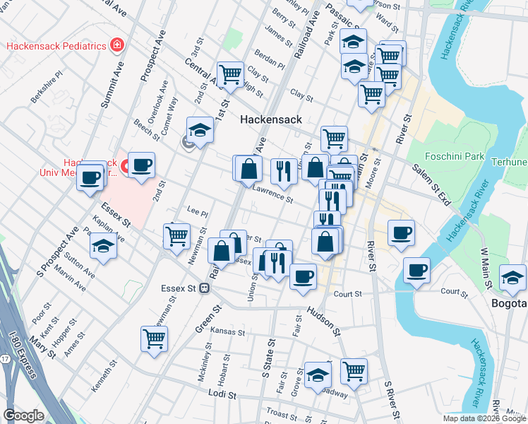 map of restaurants, bars, coffee shops, grocery stores, and more near 129 Union Street in Hackensack