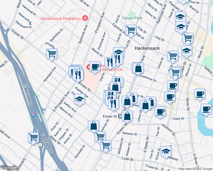map of restaurants, bars, coffee shops, grocery stores, and more near 52 1st Street in Hackensack