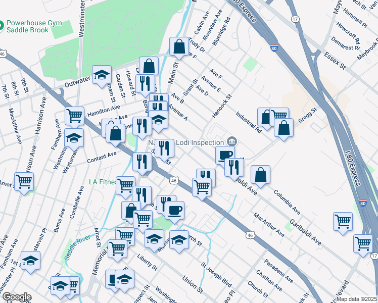 map of restaurants, bars, coffee shops, grocery stores, and more near 115 Kennedy Drive in Lodi