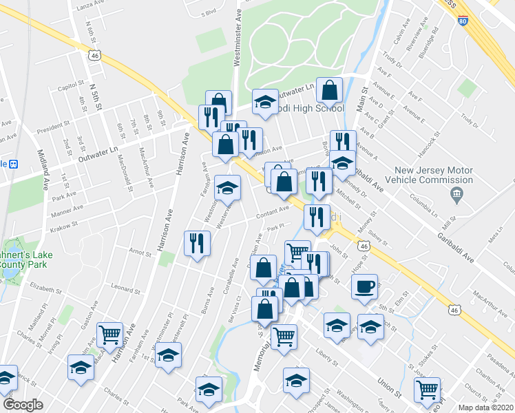 map of restaurants, bars, coffee shops, grocery stores, and more near 99 New Jersey 17 in Lodi