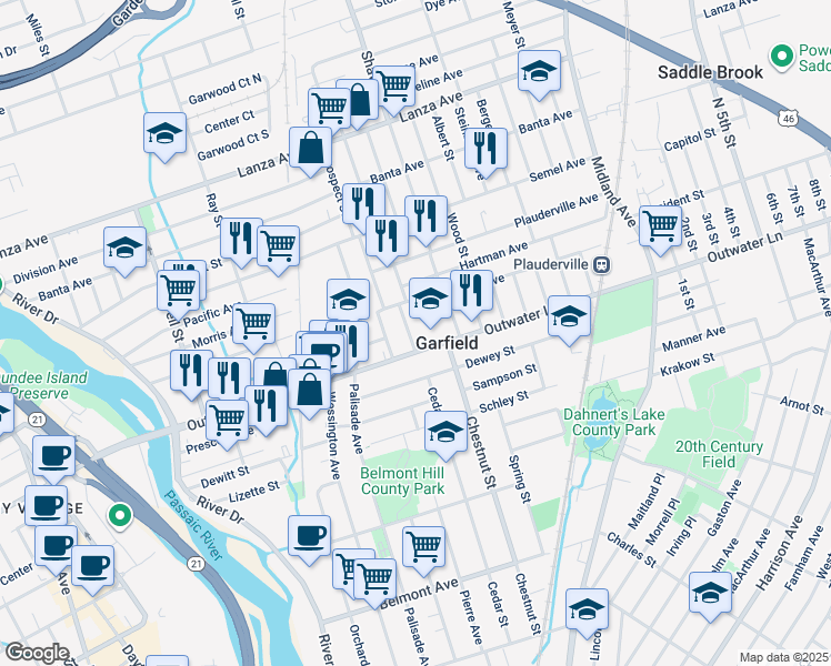 map of restaurants, bars, coffee shops, grocery stores, and more near 9 Main Street in Garfield