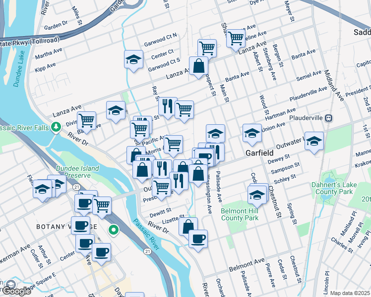 map of restaurants, bars, coffee shops, grocery stores, and more near 112 Columbus Avenue in Garfield