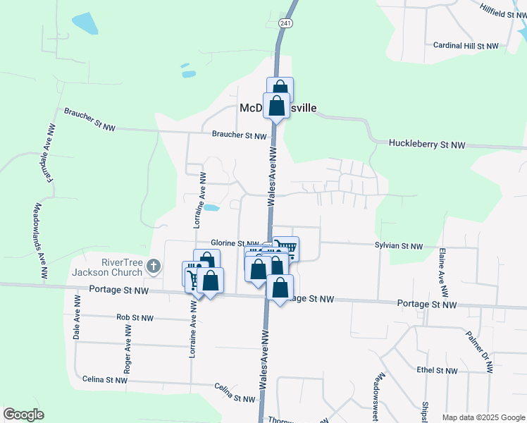 map of restaurants, bars, coffee shops, grocery stores, and more near 7023 Wales Avenue Northwest in North Canton