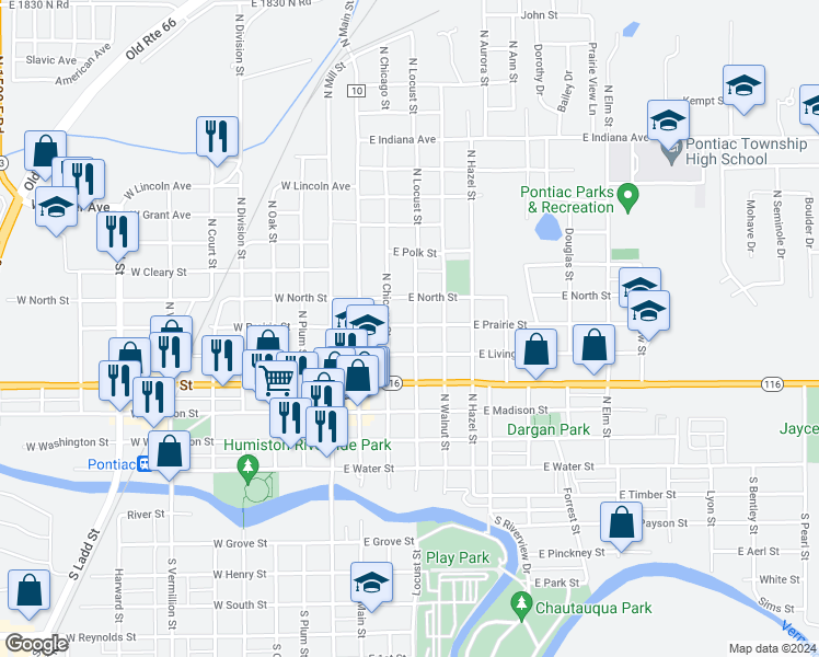 map of restaurants, bars, coffee shops, grocery stores, and more near 520 North Locust Street in Pontiac