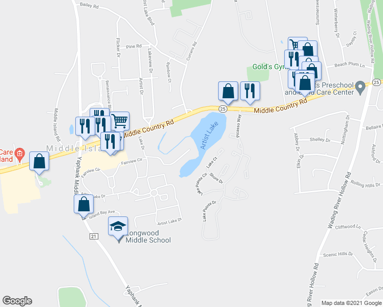 map of restaurants, bars, coffee shops, grocery stores, and more near 8 Lake Drive in Middle Island