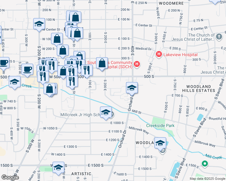 map of restaurants, bars, coffee shops, grocery stores, and more near 283 Peach Lane in Bountiful