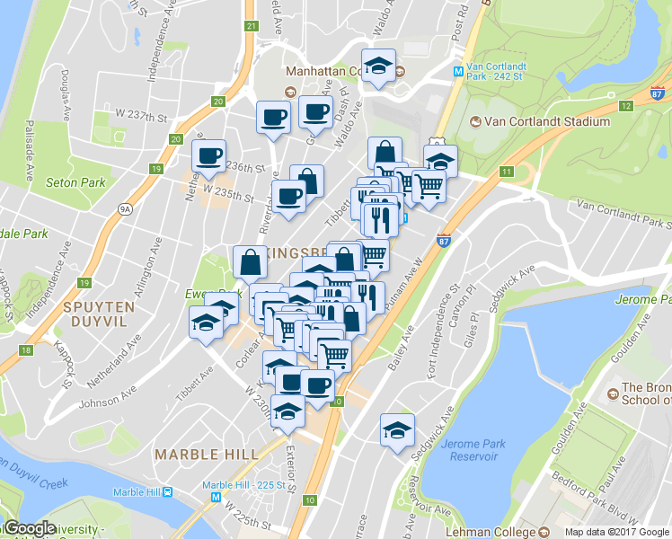 map of restaurants, bars, coffee shops, grocery stores, and more near 3411 Kingsbridge Avenue in Bronx
