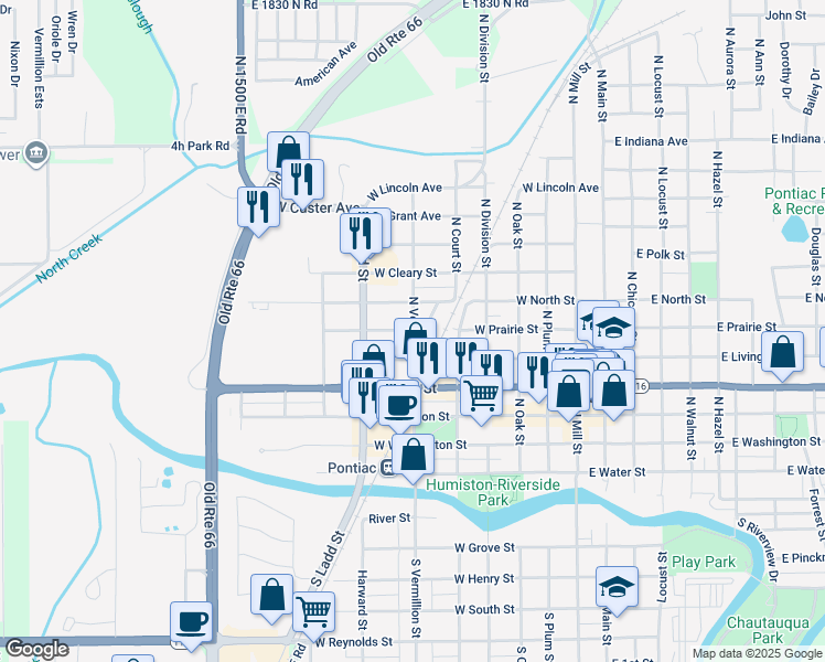 map of restaurants, bars, coffee shops, grocery stores, and more near North Vermillion Street in Pontiac