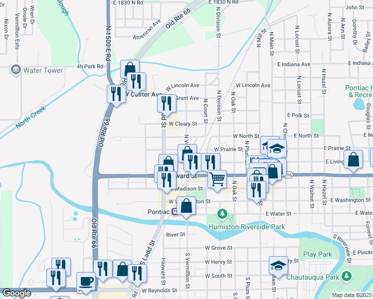 map of restaurants, bars, coffee shops, grocery stores, and more near North Vermillion Street in Pontiac