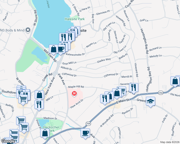 map of restaurants, bars, coffee shops, grocery stores, and more near 42 Cliftwood Drive in Halesite