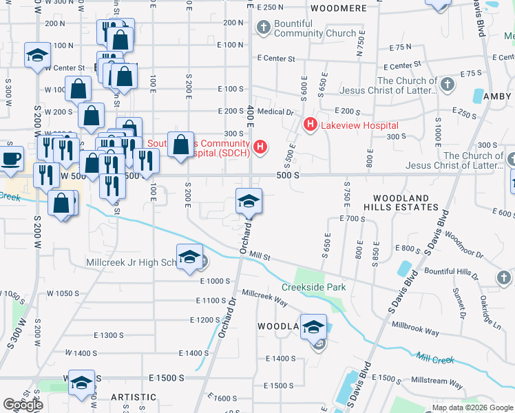 map of restaurants, bars, coffee shops, grocery stores, and more near 645 Orchard Drive in Bountiful
