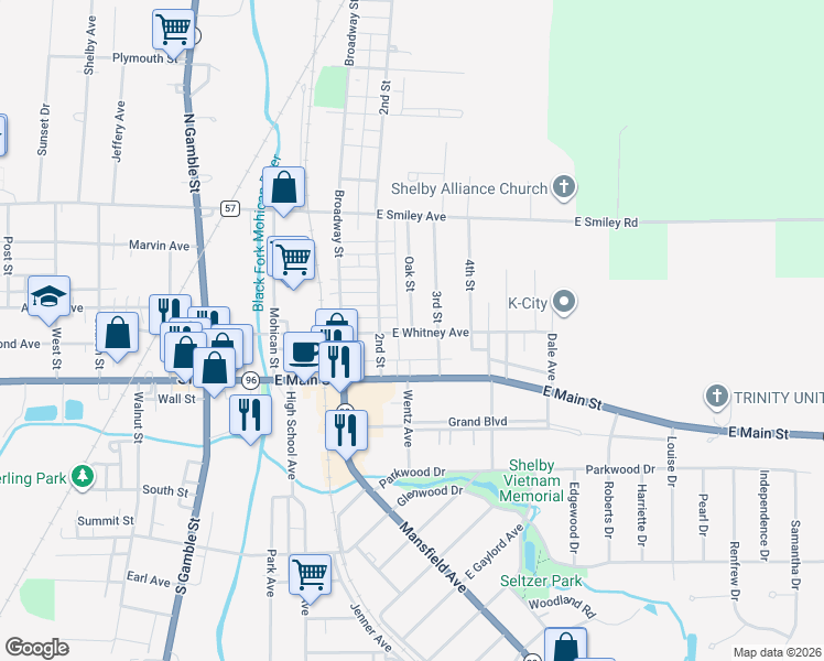 map of restaurants, bars, coffee shops, grocery stores, and more near 2 Oak Street in Shelby