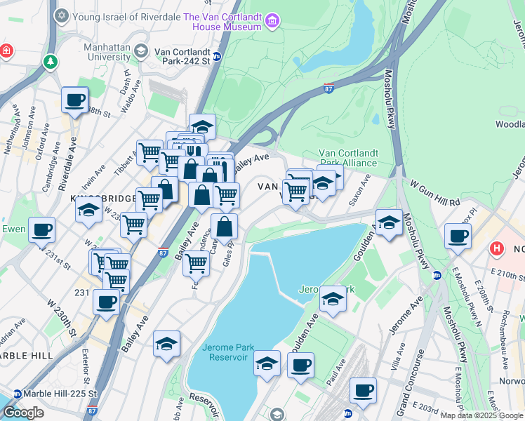 map of restaurants, bars, coffee shops, grocery stores, and more near 3821 Sedgwick Avenue in Bronx
