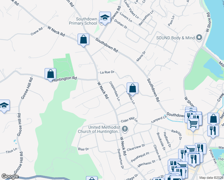 map of restaurants, bars, coffee shops, grocery stores, and more near 22 Copperdale Lane in Huntington