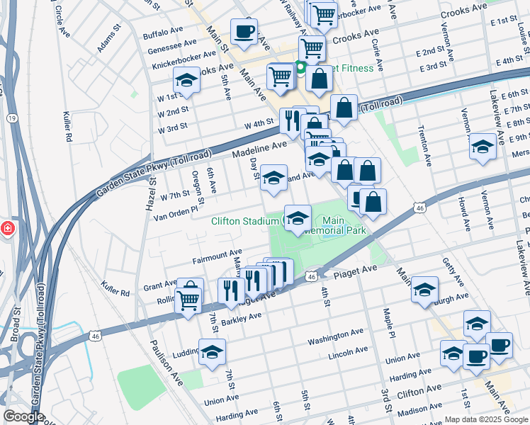 map of restaurants, bars, coffee shops, grocery stores, and more near 90 Day Street in Clifton