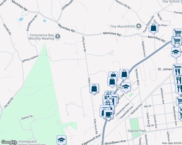 map of restaurants, bars, coffee shops, grocery stores, and more near 50 Fifty Acre Road in Saint James