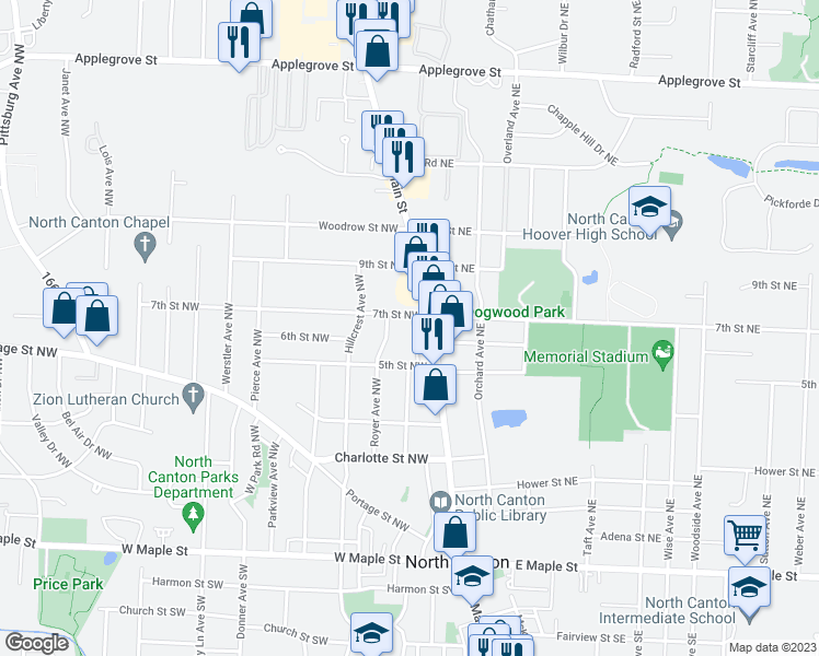 map of restaurants, bars, coffee shops, grocery stores, and more near 116 7th Street Northwest in North Canton