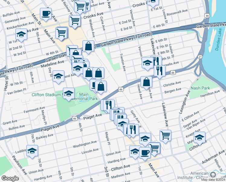 map of restaurants, bars, coffee shops, grocery stores, and more near 356 Getty Avenue in Clifton