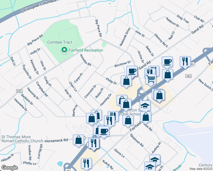 map of restaurants, bars, coffee shops, grocery stores, and more near 20 Crescent Drive in Fairfield