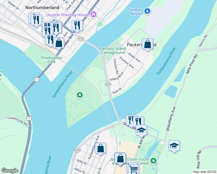 map of restaurants, bars, coffee shops, grocery stores, and more near Bridge Avenue in Northumberland County