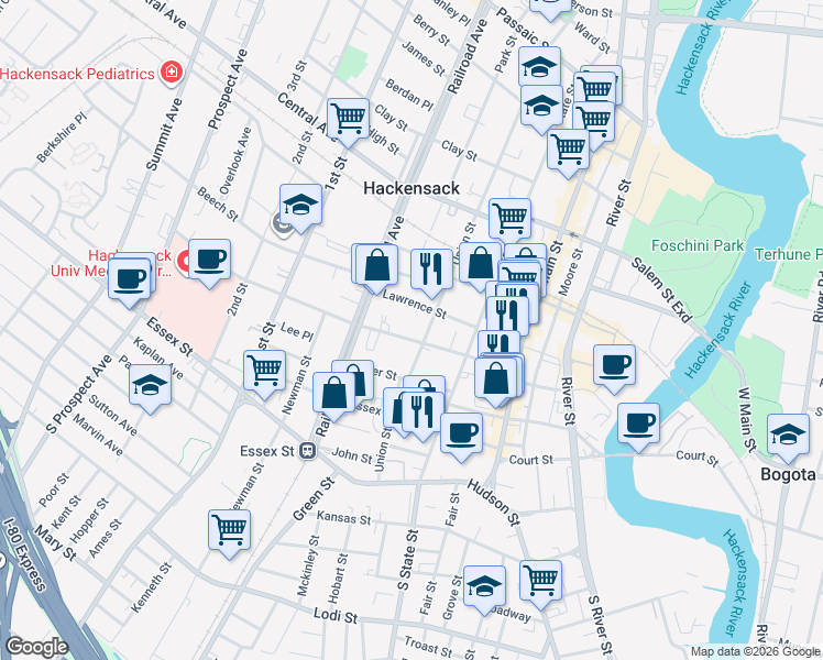 map of restaurants, bars, coffee shops, grocery stores, and more near 110 Atlantic Street in Hackensack
