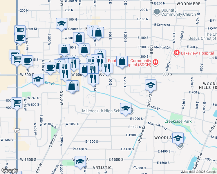 map of restaurants, bars, coffee shops, grocery stores, and more near 598 100 East in Bountiful