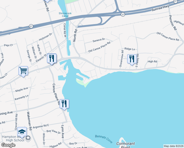 map of restaurants, bars, coffee shops, grocery stores, and more near 1 Mohawk Road in Hampton Bays