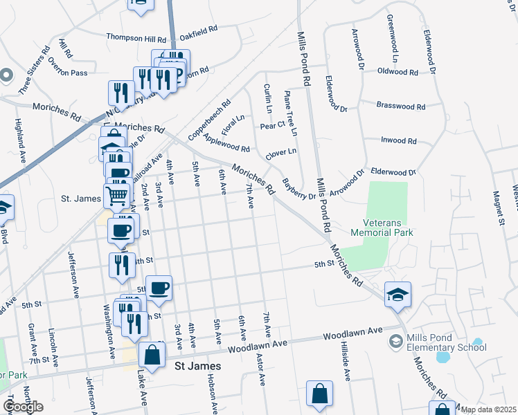 map of restaurants, bars, coffee shops, grocery stores, and more near 251 3rd Street in Saint James