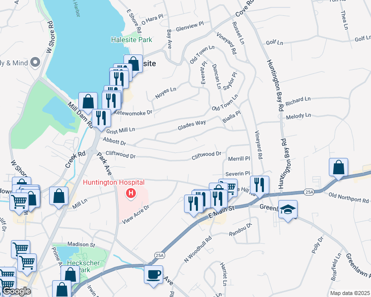 map of restaurants, bars, coffee shops, grocery stores, and more near 45 Potter Lane in Huntington