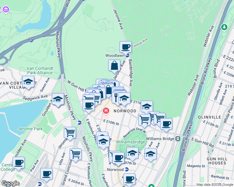 map of restaurants, bars, coffee shops, grocery stores, and more near 3525 Rochambeau Avenue in Bronx