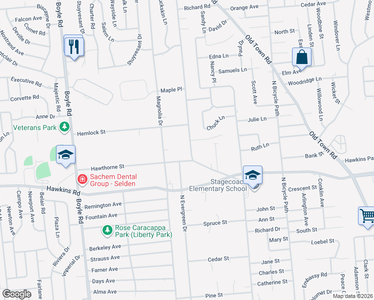 map of restaurants, bars, coffee shops, grocery stores, and more near 9 Hawthorne Street in Selden