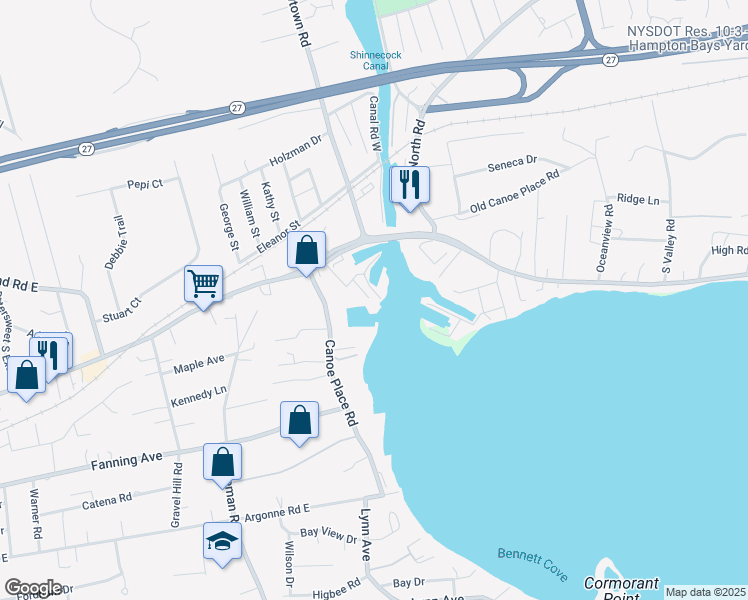 map of restaurants, bars, coffee shops, grocery stores, and more near 256 East Montauk Highway in Hampton Bays
