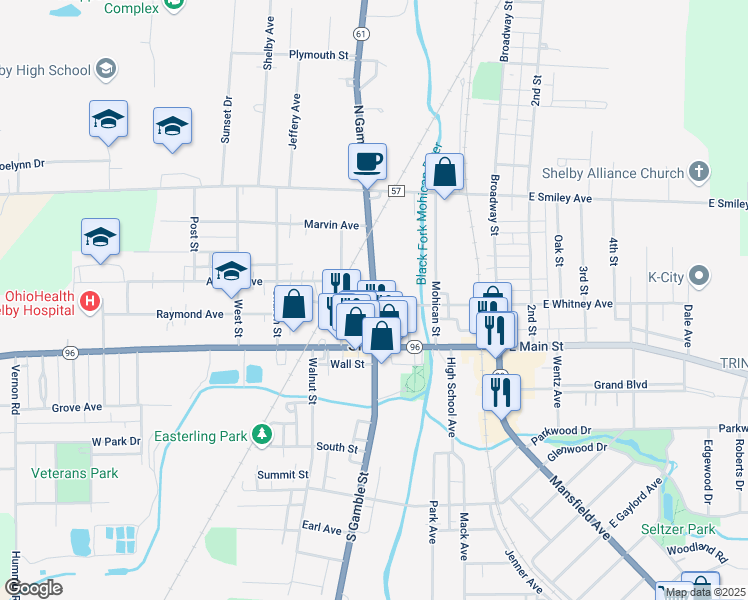 map of restaurants, bars, coffee shops, grocery stores, and more near 34 1/2 North Gamble Street in Shelby
