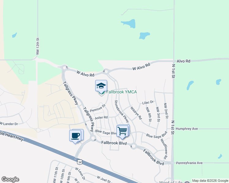 map of restaurants, bars, coffee shops, grocery stores, and more near 595 Penrose Drive in Lincoln