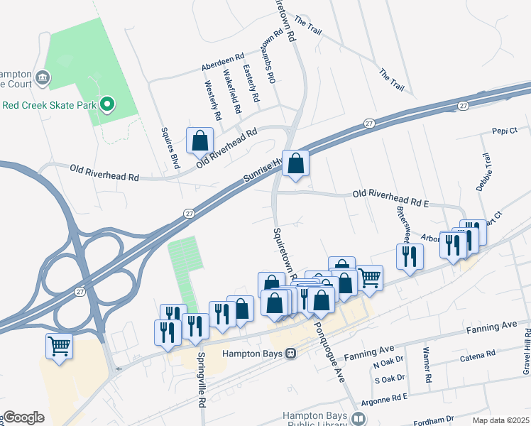 map of restaurants, bars, coffee shops, grocery stores, and more near 33 Squiretown Road in Hampton Bays
