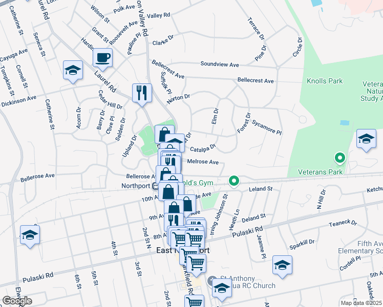 map of restaurants, bars, coffee shops, grocery stores, and more near 14 Melrose Avenue in East Northport