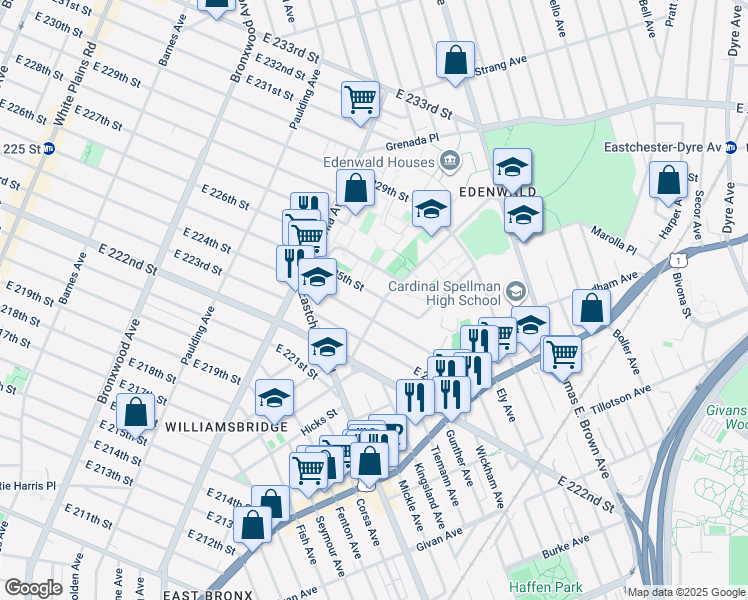 map of restaurants, bars, coffee shops, grocery stores, and more near 1187 East 224th Street in Bronx
