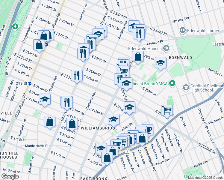 map of restaurants, bars, coffee shops, grocery stores, and more near 1055 East 222nd Street in Bronx