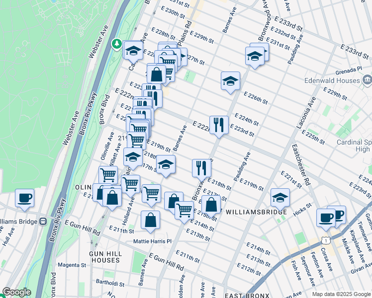 map of restaurants, bars, coffee shops, grocery stores, and more near 837 East 219th Street in Bronx