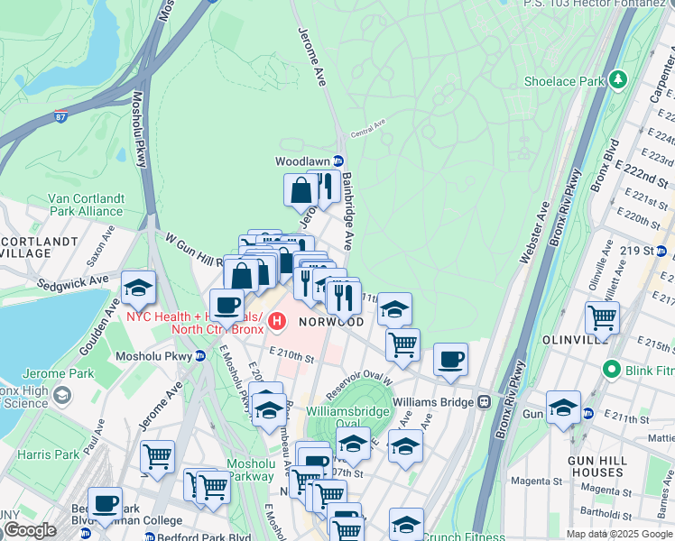 map of restaurants, bars, coffee shops, grocery stores, and more near 3555 Bainbridge Avenue in Bronx