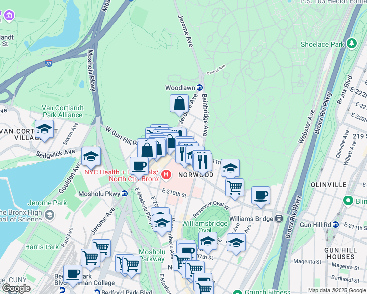 map of restaurants, bars, coffee shops, grocery stores, and more near 3525 Rochambeau Avenue in Bronx