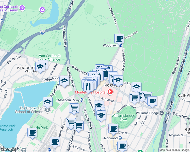 map of restaurants, bars, coffee shops, grocery stores, and more near in The Bronx