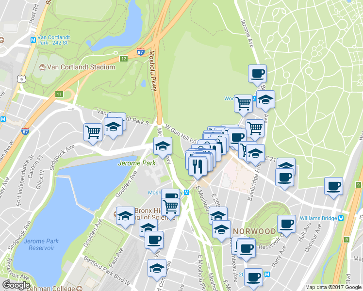 map of restaurants, bars, coffee shops, grocery stores, and more near 55 West Mosholu Parkway South in Bronx
