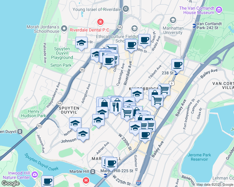 map of restaurants, bars, coffee shops, grocery stores, and more near 511 West 232nd Street in Bronx