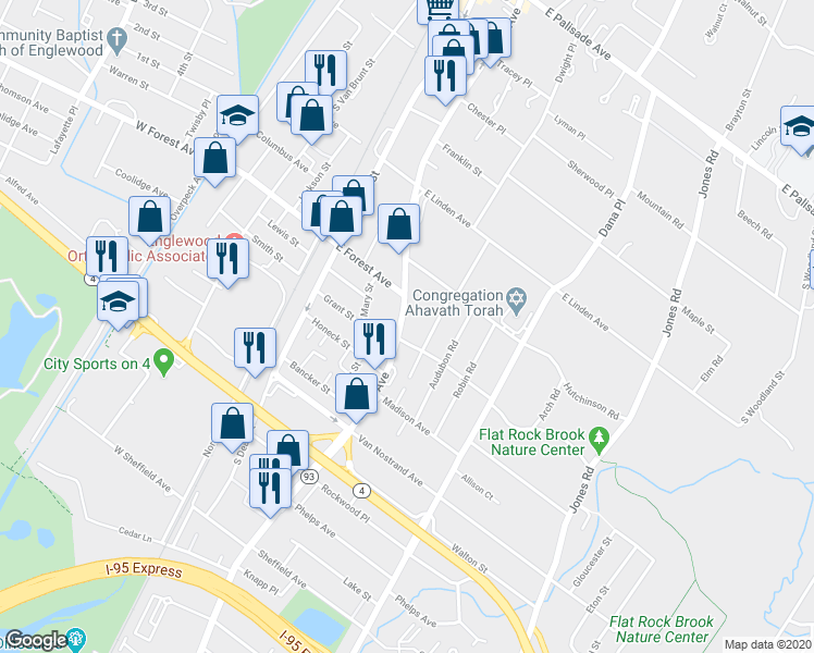 map of restaurants, bars, coffee shops, grocery stores, and more near 300 Starling Road in Englewood