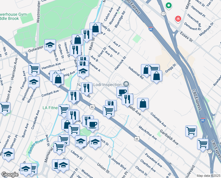map of restaurants, bars, coffee shops, grocery stores, and more near 115 Kennedy Drive in Lodi