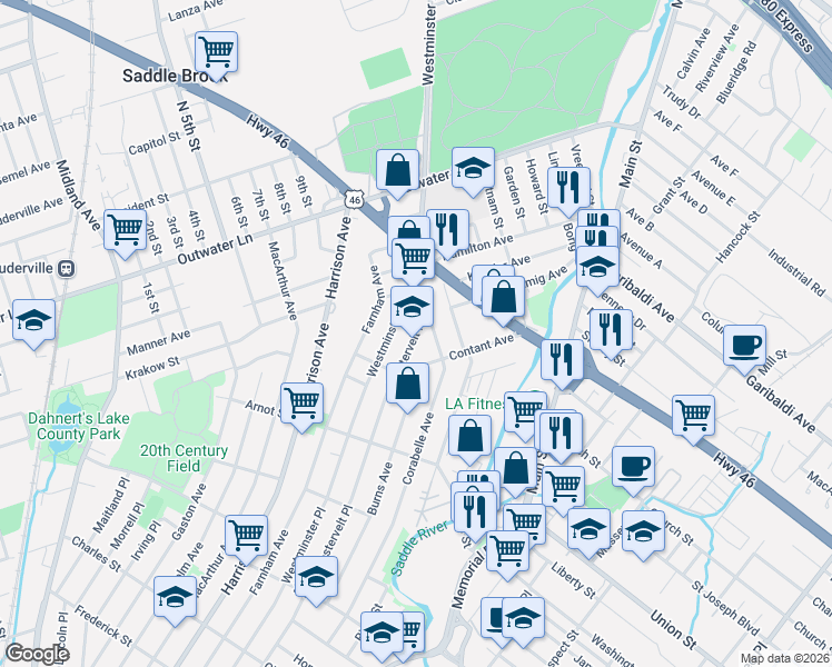 map of restaurants, bars, coffee shops, grocery stores, and more near 365 Westervelt Place in Lodi