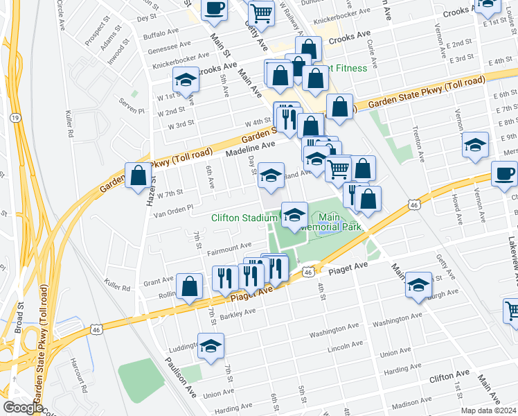 map of restaurants, bars, coffee shops, grocery stores, and more near 90 Day Street in Clifton