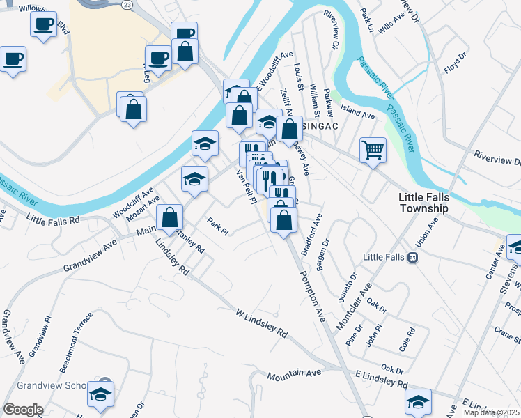 map of restaurants, bars, coffee shops, grocery stores, and more near 153 Newark Pompton Turnpike in Little Falls